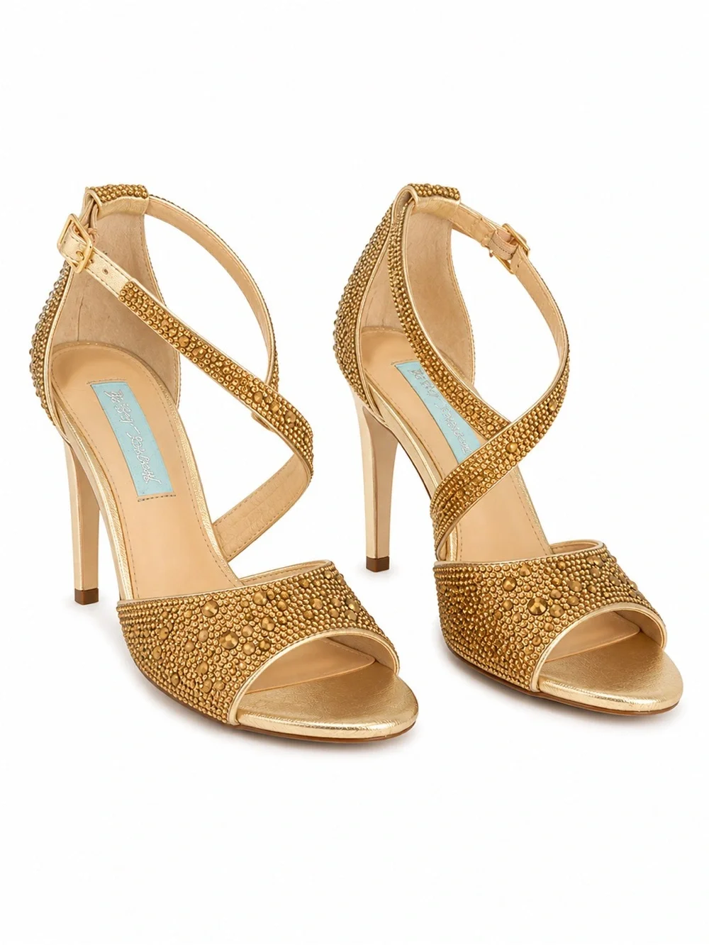 Blue by Betsey Johnson Gold Beaded Peep-Toe High Heels with Aqua Heel Accent 6.5